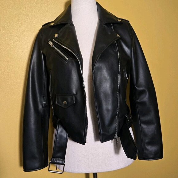 Zara Faux Leather Black Motorcycle Jacket Small Indie Sleaze Bikercore Vegan EUC - Picture 6 of 10